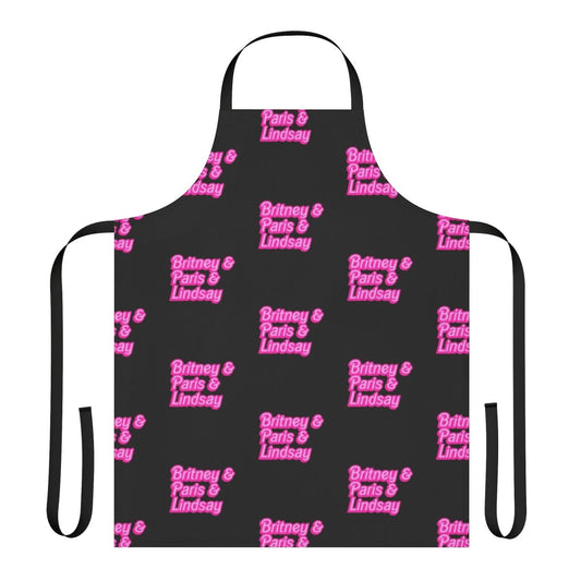 Baby pink apron with Barbie-inspired font, featuring the names of iconic millennial celebrities Britney Spears, Paris Hilton, and Lindsay Lohan.