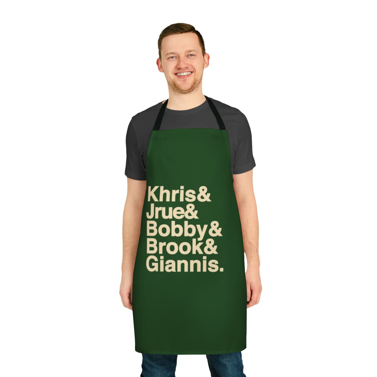 Milwaukee sports fan wearing a durable basketball-themed apron