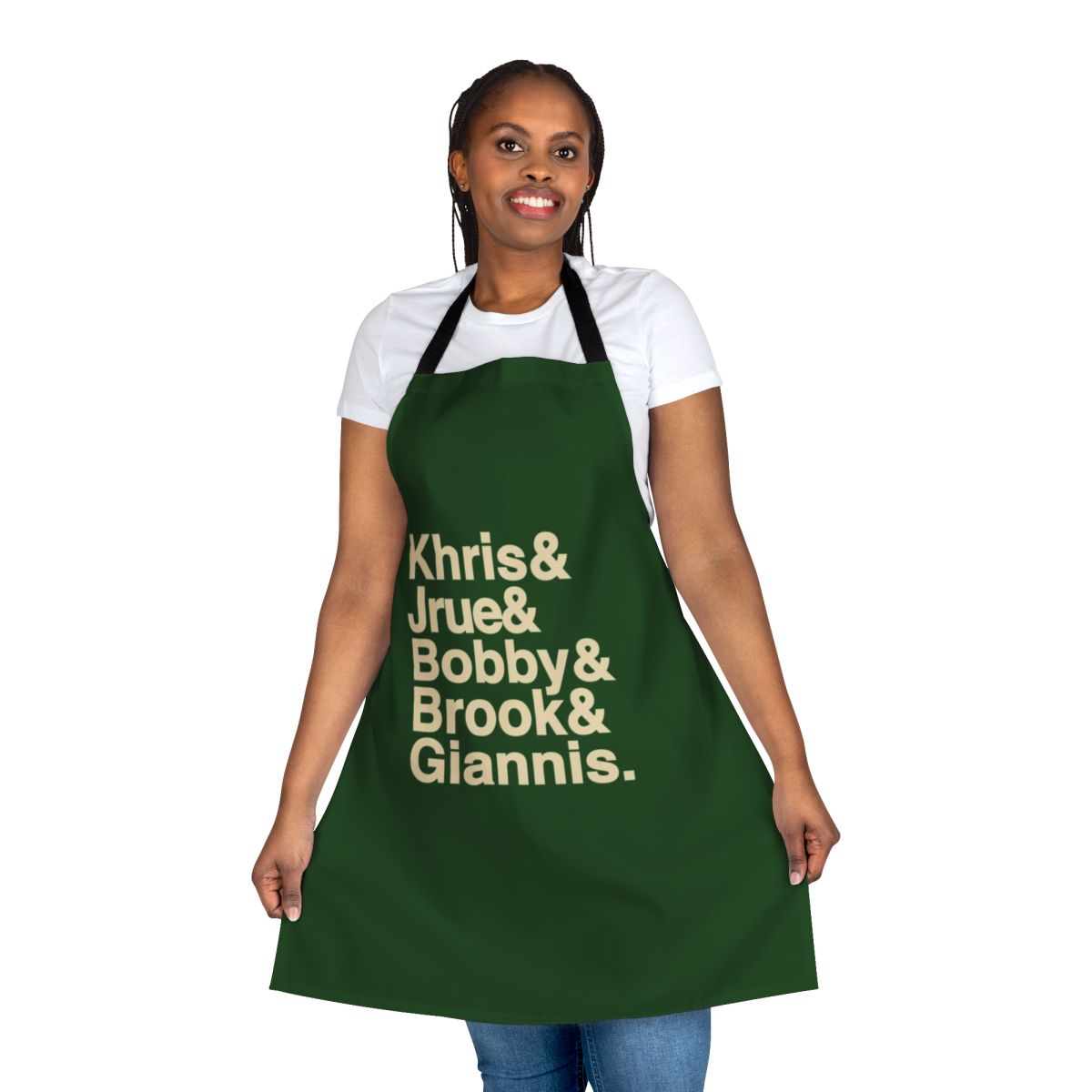 Milwaukee sports fan wearing a durable basketball-themed apron