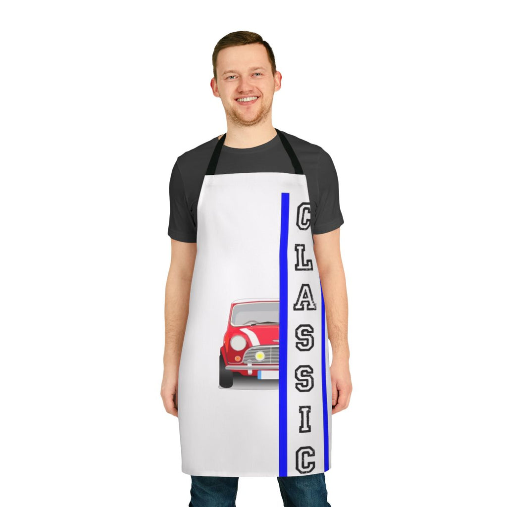 A classic Mini Cooper themed apron for car enthusiasts and vintage car lovers.