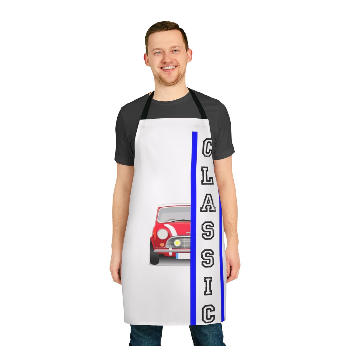 A classic Mini Cooper themed apron for car enthusiasts and vintage car lovers.