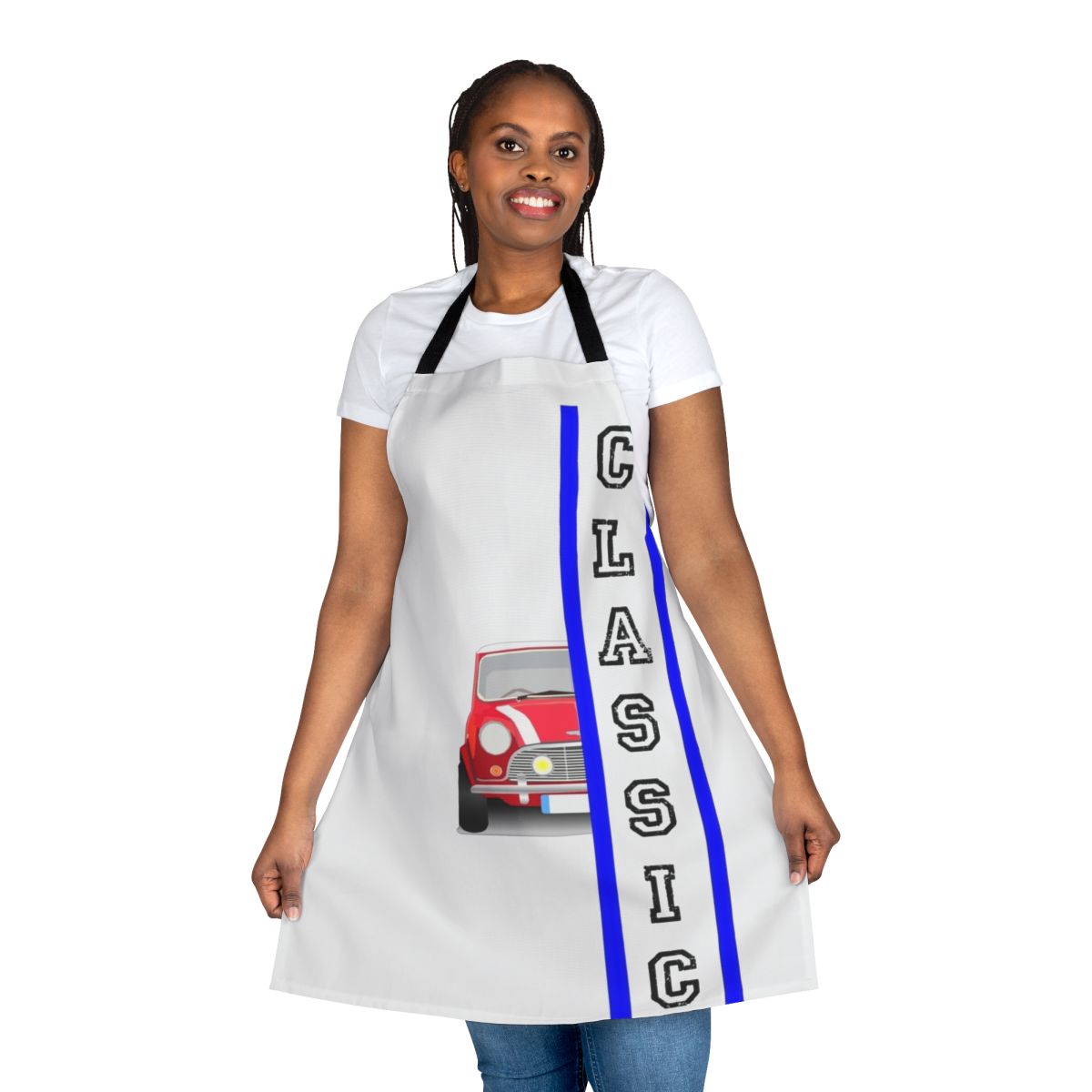 A classic Mini Cooper themed apron for car enthusiasts and vintage car lovers.