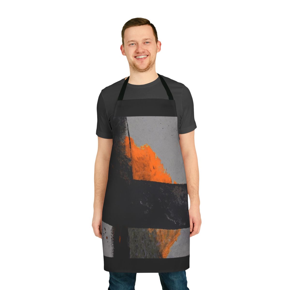 Minimalist abstract design in black and orange on an apron