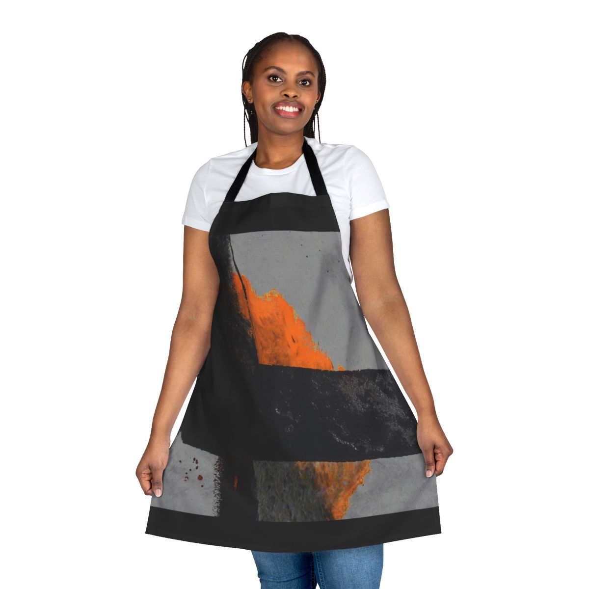 Minimalist abstract design in black and orange on an apron