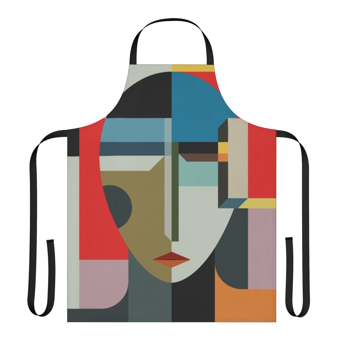 Minimalist abstract art apron featuring a faceless woman in a colorful, surreal design