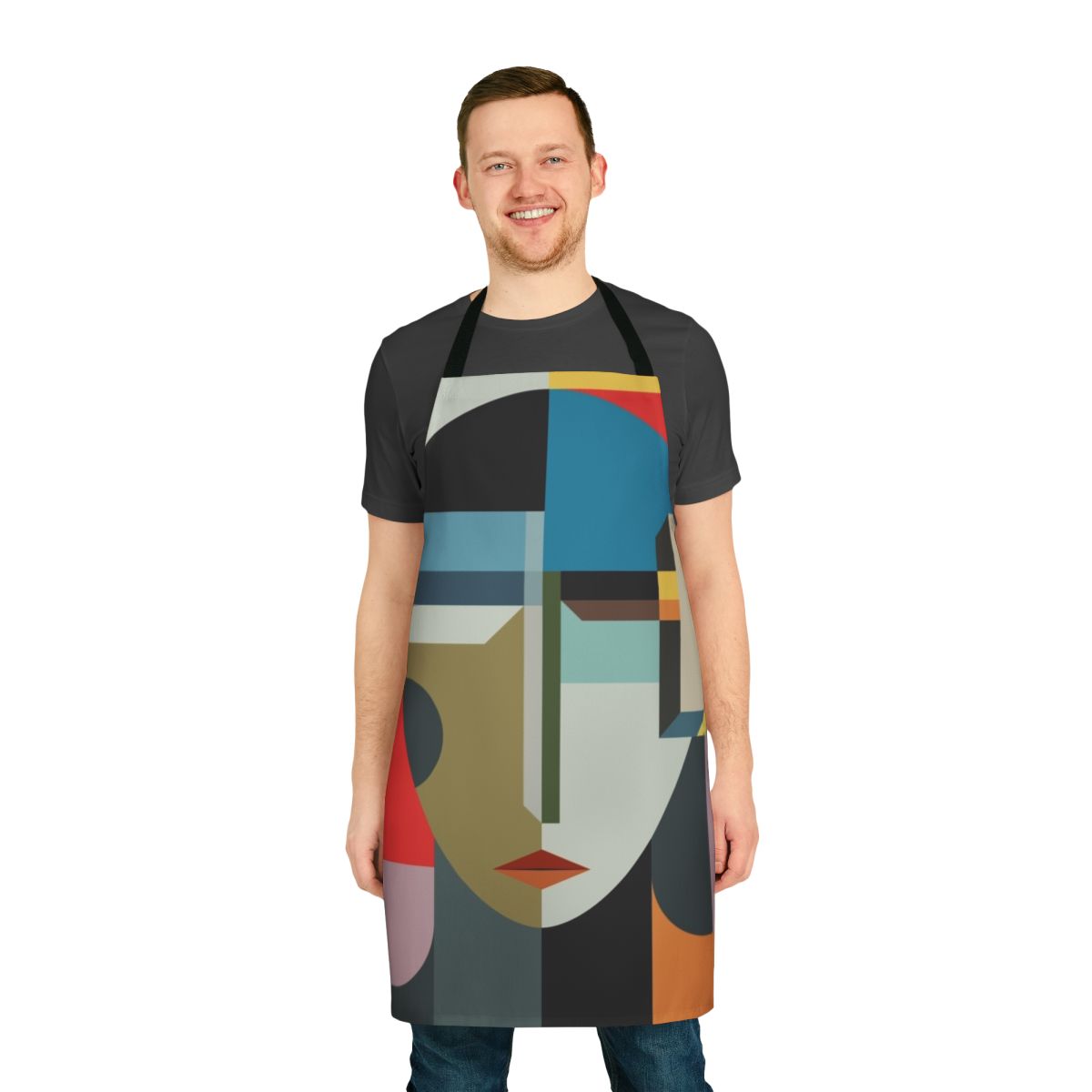 Minimalist abstract art apron featuring a faceless woman in a colorful, surreal design