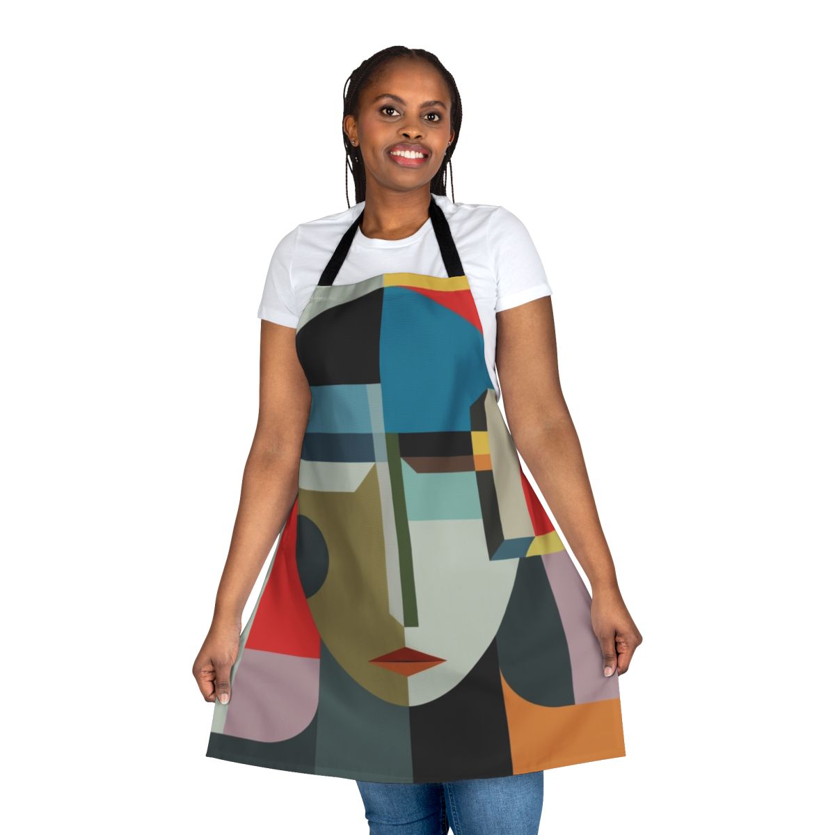 Minimalist abstract art apron featuring a faceless woman in a colorful, surreal design
