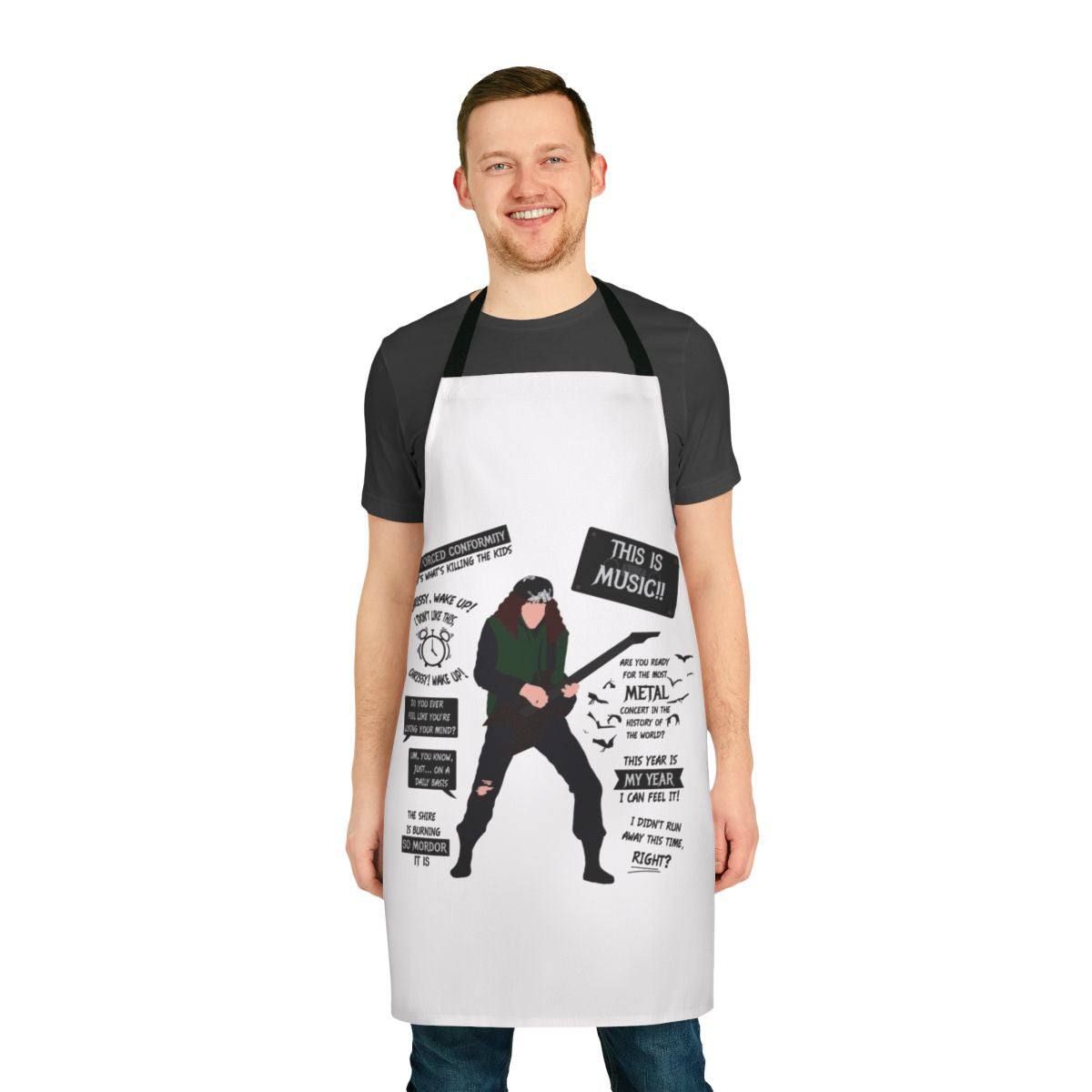 Minimalist apron featuring iconic quotes from Eddie Munson in Stranger Things