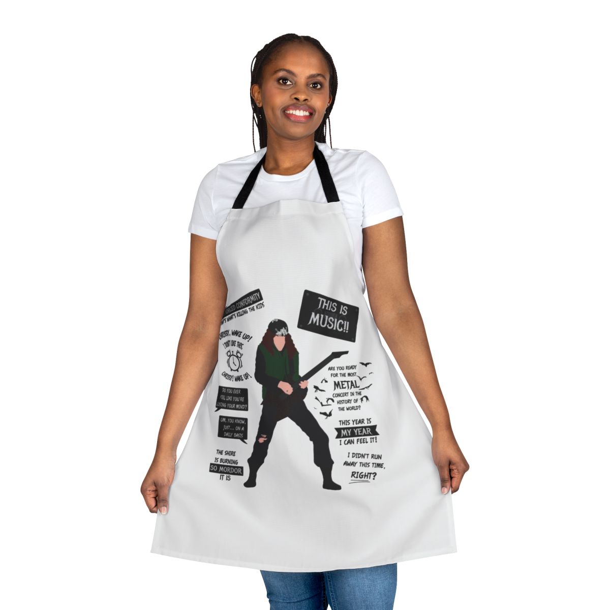 Minimalist apron featuring iconic quotes from Eddie Munson in Stranger Things