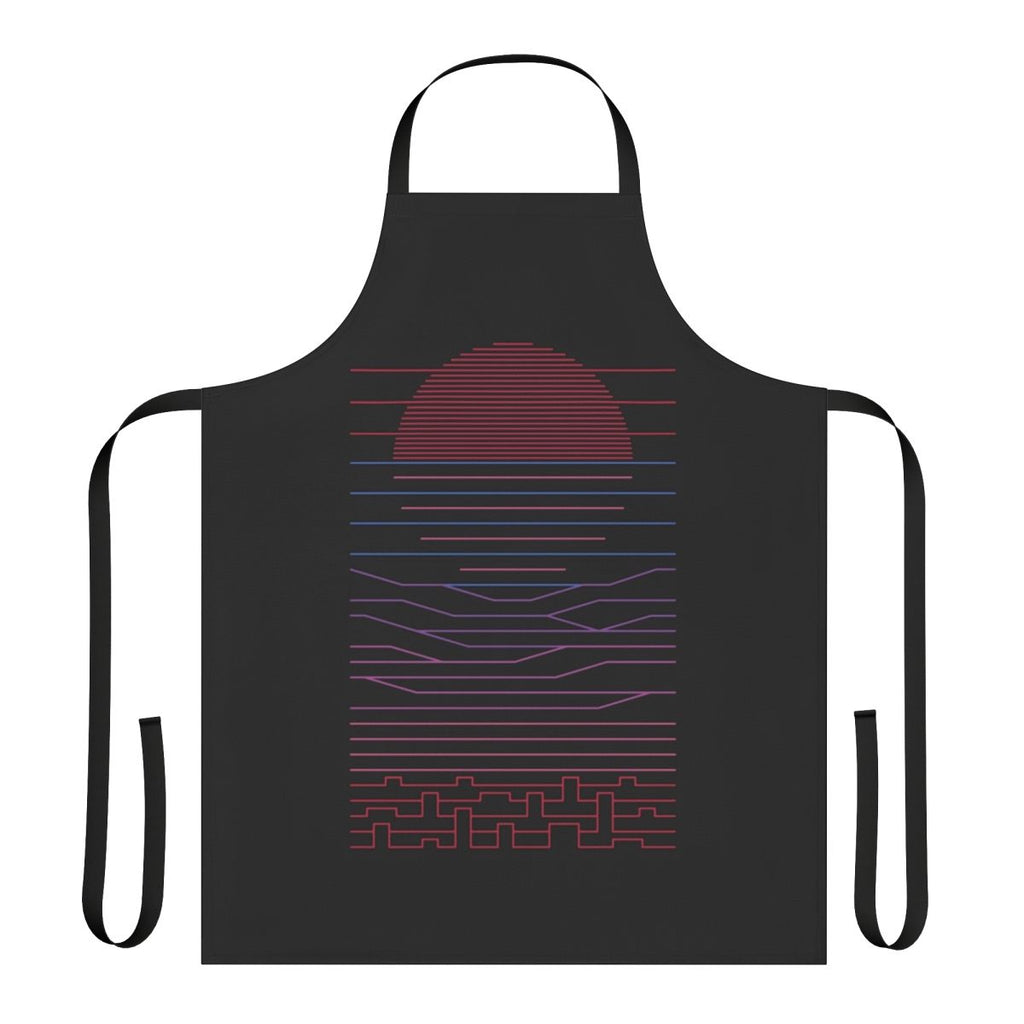 Minimalist line art design of a sunrise over mountains, ocean, and city on an apron
