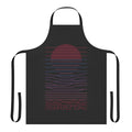Minimalist line art design of a sunrise over mountains, ocean, and city on an apron