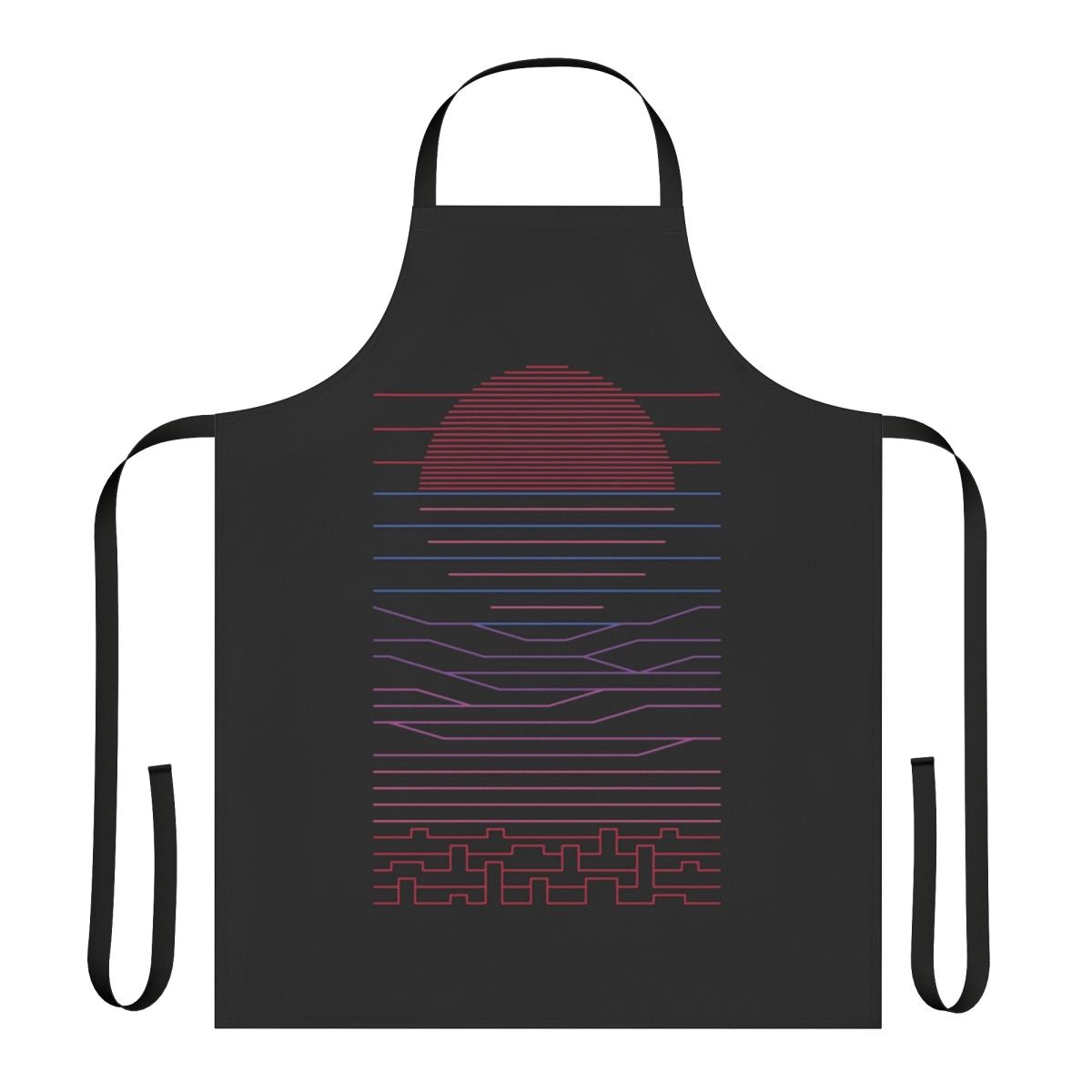 Minimalist line art design of a sunrise over mountains, ocean, and city on an apron