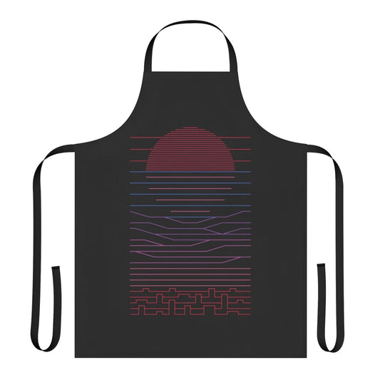 Minimalist line art design of a sunrise over mountains, ocean, and city on an apron