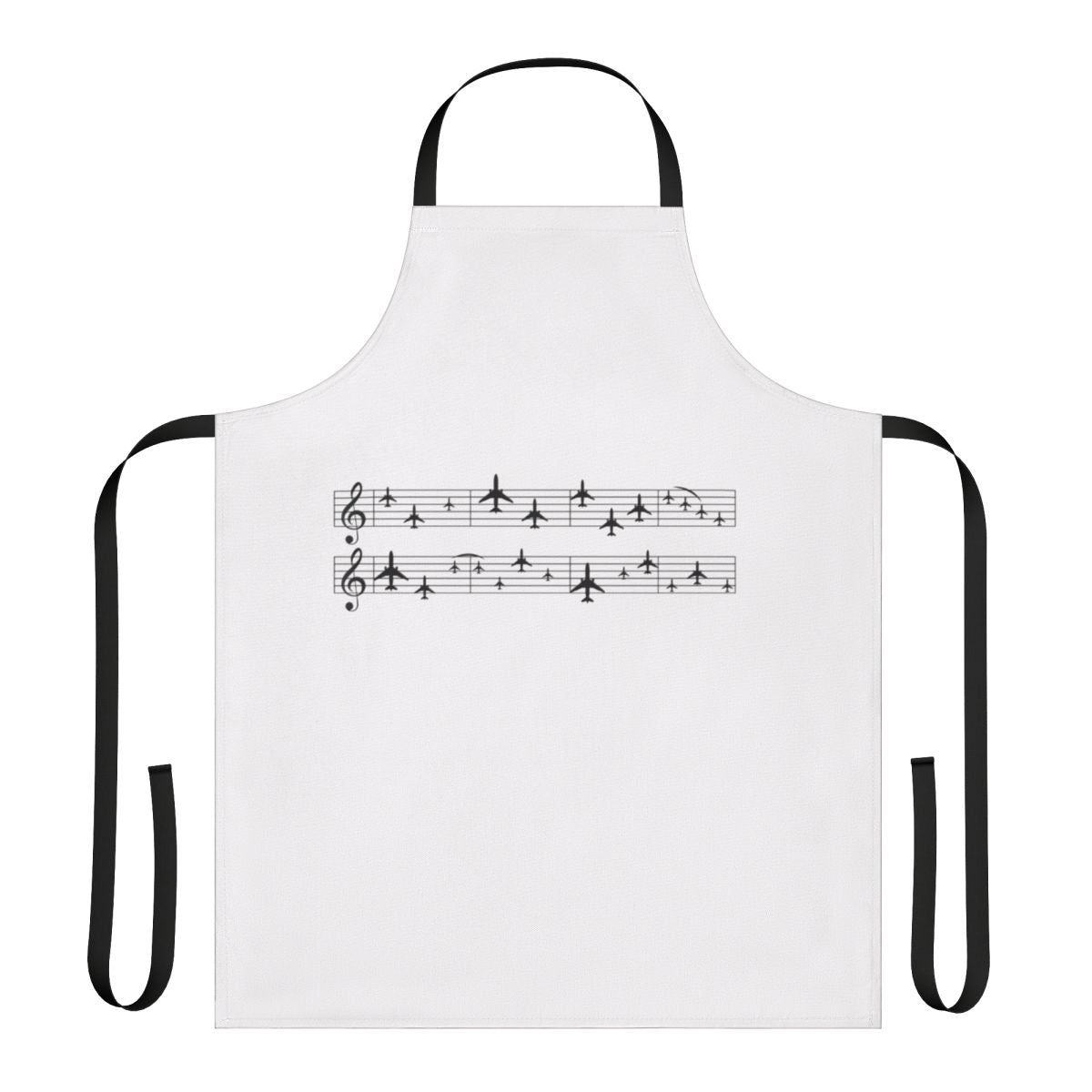 Minimalist apron with a simple music staff design and aviation elements including planes, wings, and flight instruments.