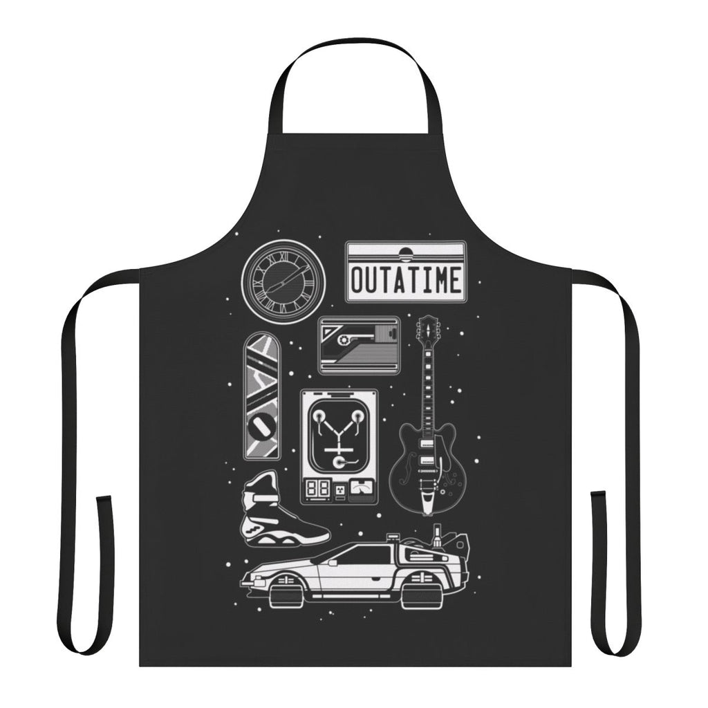 Minimalist Back to the Future Icon Set Apron featuring iconic elements like the DeLorean, flux capacitor, and hoverboard