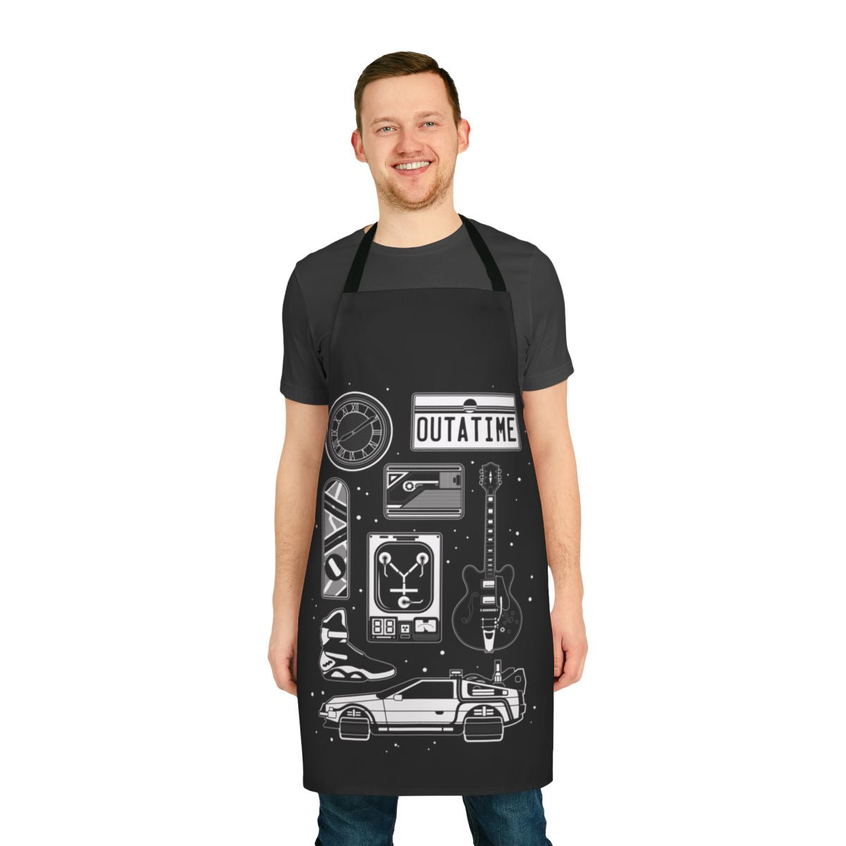 Minimalist Back to the Future Icon Set Apron featuring iconic elements like the DeLorean, flux capacitor, and hoverboard