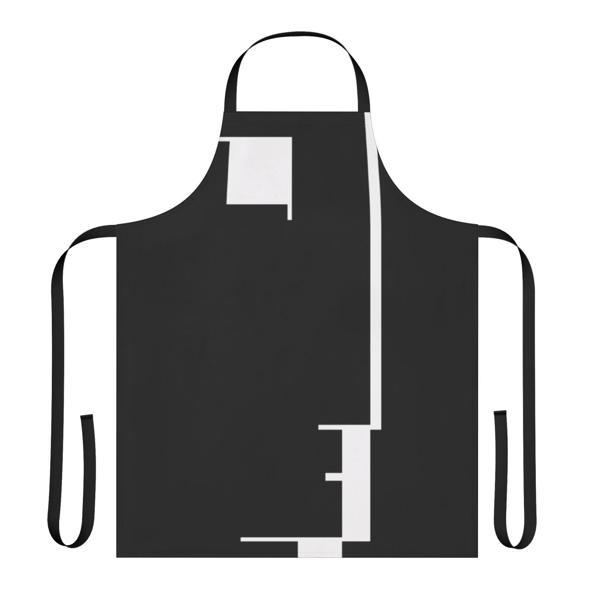 A black and white apron featuring a minimalist Bauhaus-inspired design with a face profile and geometric shapes.