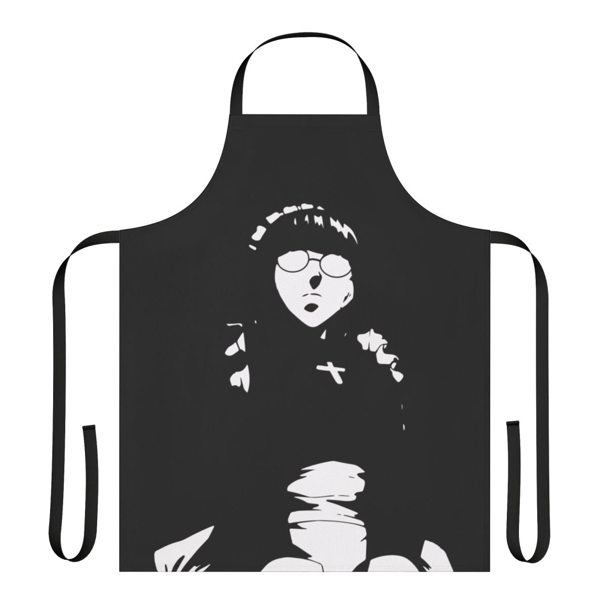 A black and white vector art apron design inspired by the character Roberta from the anime/manga series Black Lagoon.