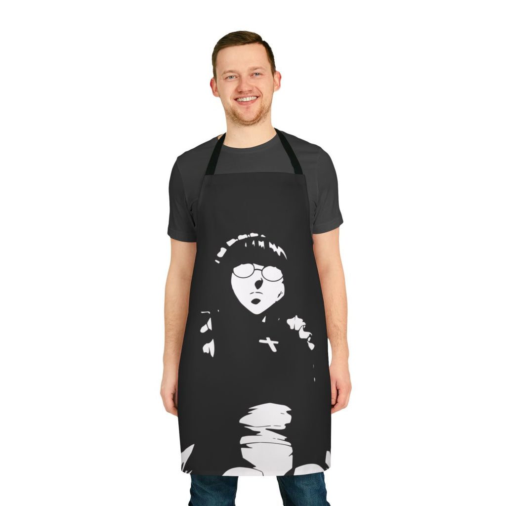 A black and white vector art apron design inspired by the character Roberta from the anime/manga series Black Lagoon.
