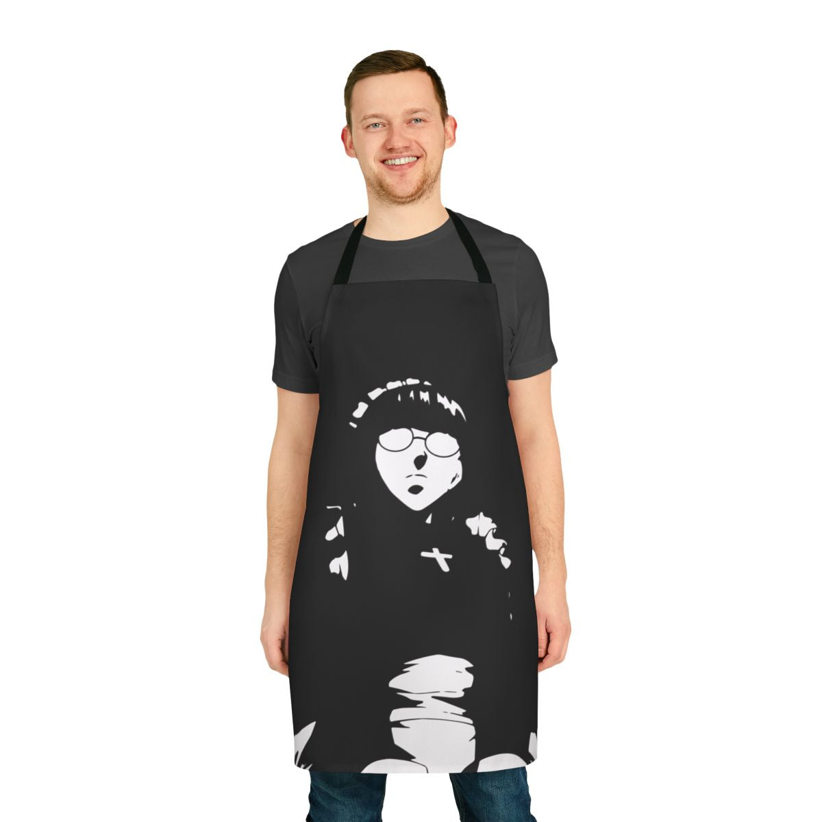 A black and white vector art apron design inspired by the character Roberta from the anime/manga series Black Lagoon.