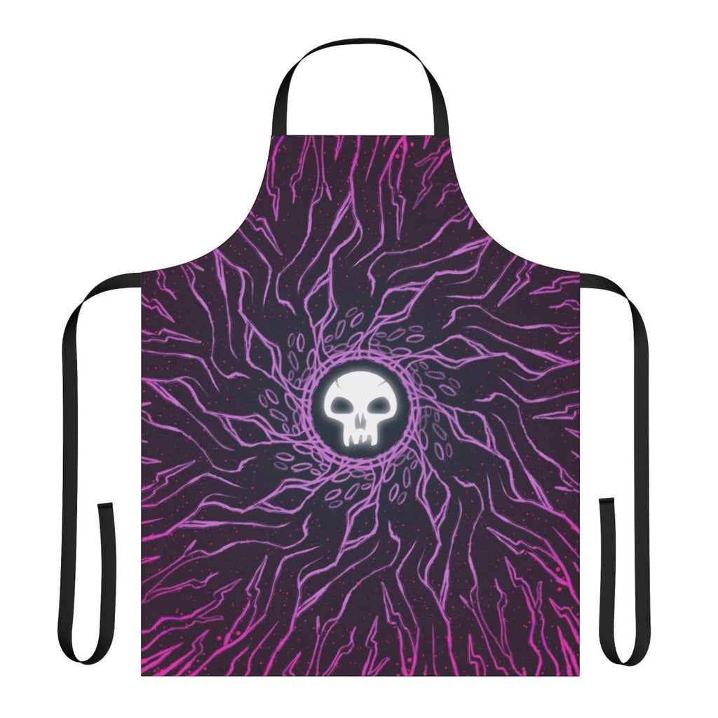 Minimalist black mana skull design printed on a high-quality apron for Magic the Gathering enthusiasts