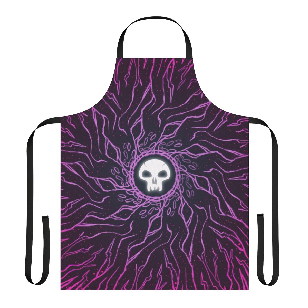 Minimalist black mana skull design printed on a high-quality apron for Magic the Gathering enthusiasts