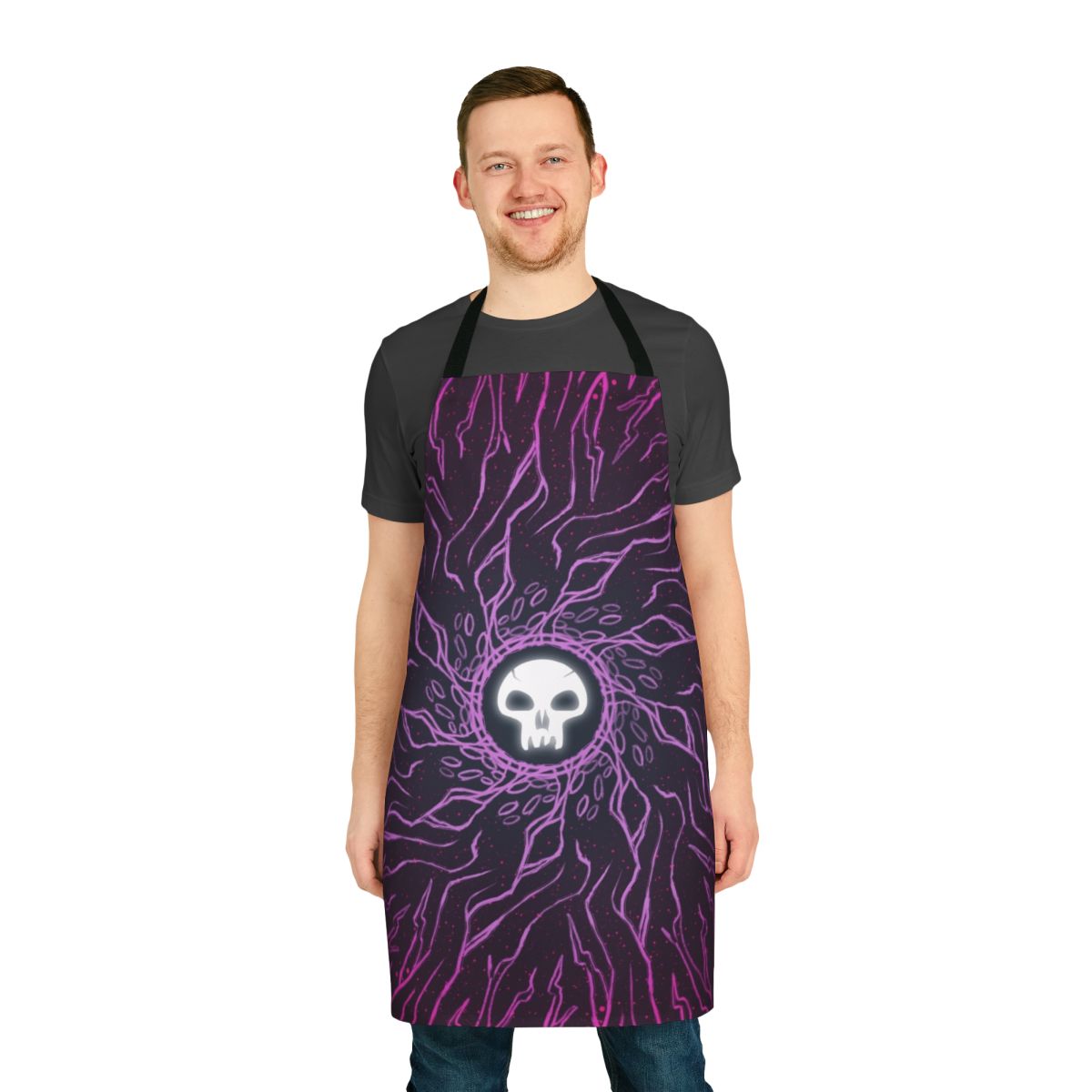 Minimalist black mana skull design printed on a high-quality apron for Magic the Gathering enthusiasts