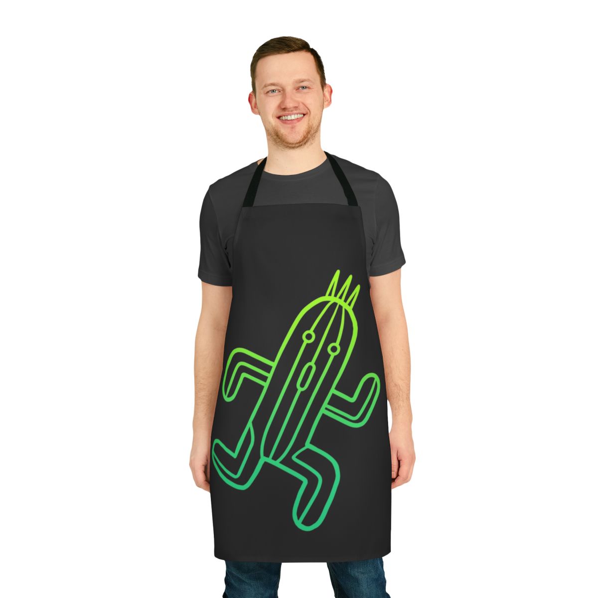 A minimalist green apron with a line art cactuar design, perfect for Final Fantasy fans and gamers.