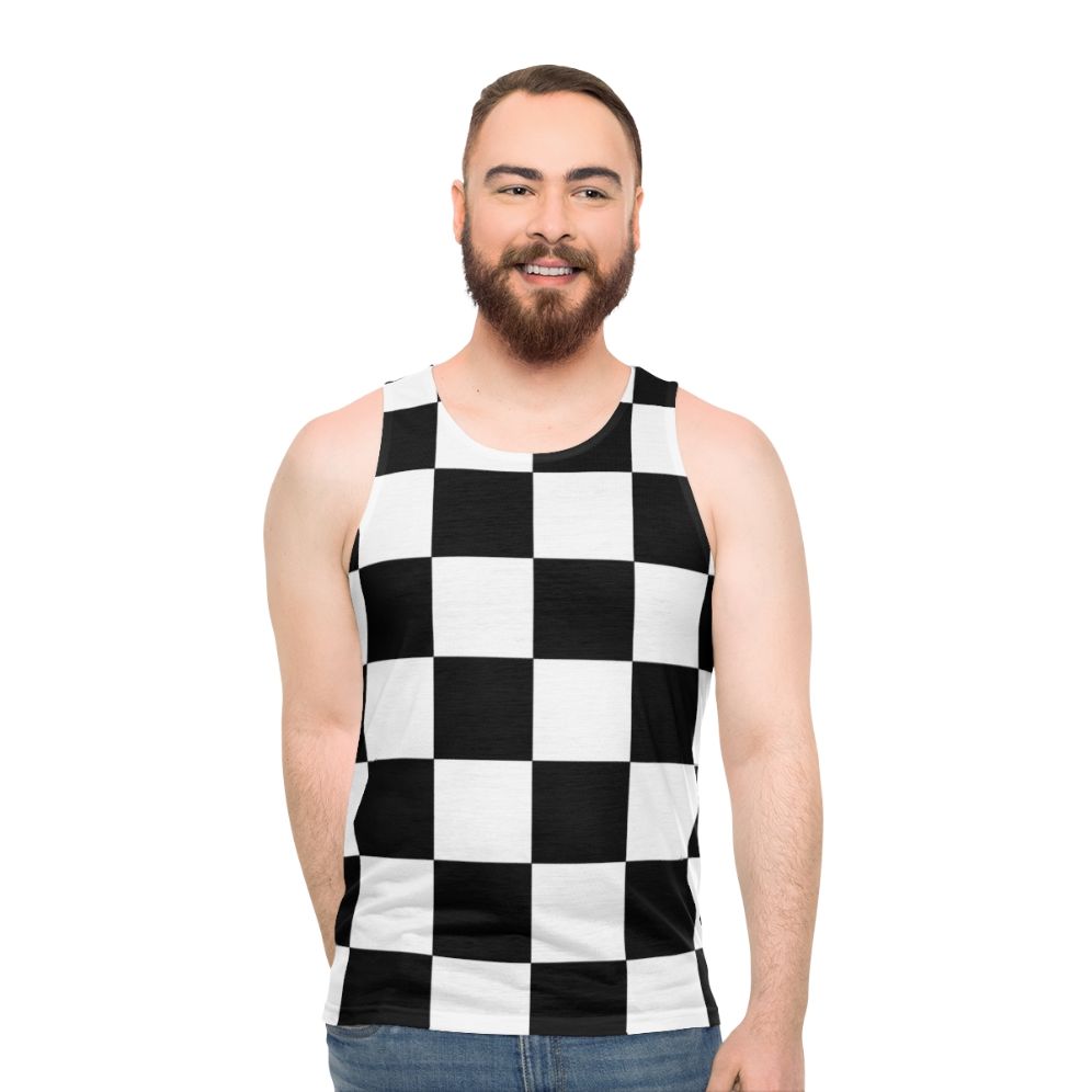 Minimalist checkered unisex tank top in black and white geometric pattern