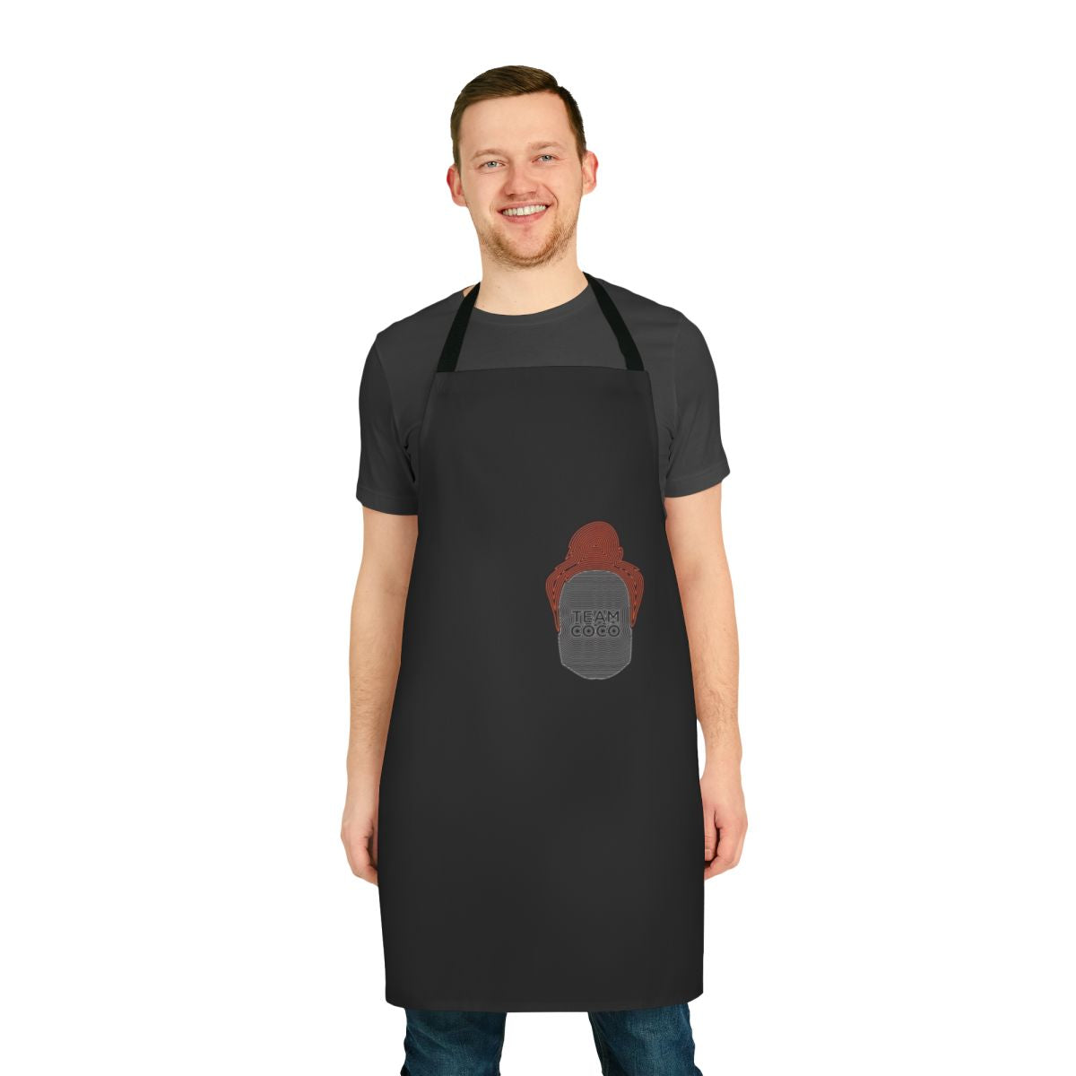 Minimalist line art portrait of Conan O'Brien on an apron