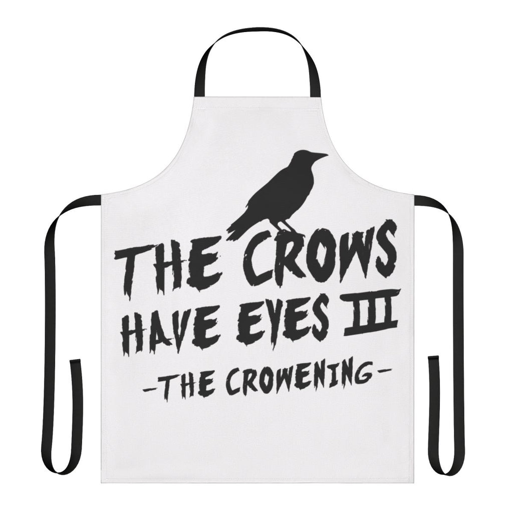 A black and white minimalist apron with a crow-themed design, inspired by the television show Schitt's Creek.