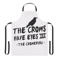 A black and white minimalist apron with a crow-themed design, inspired by the television show Schitt's Creek.