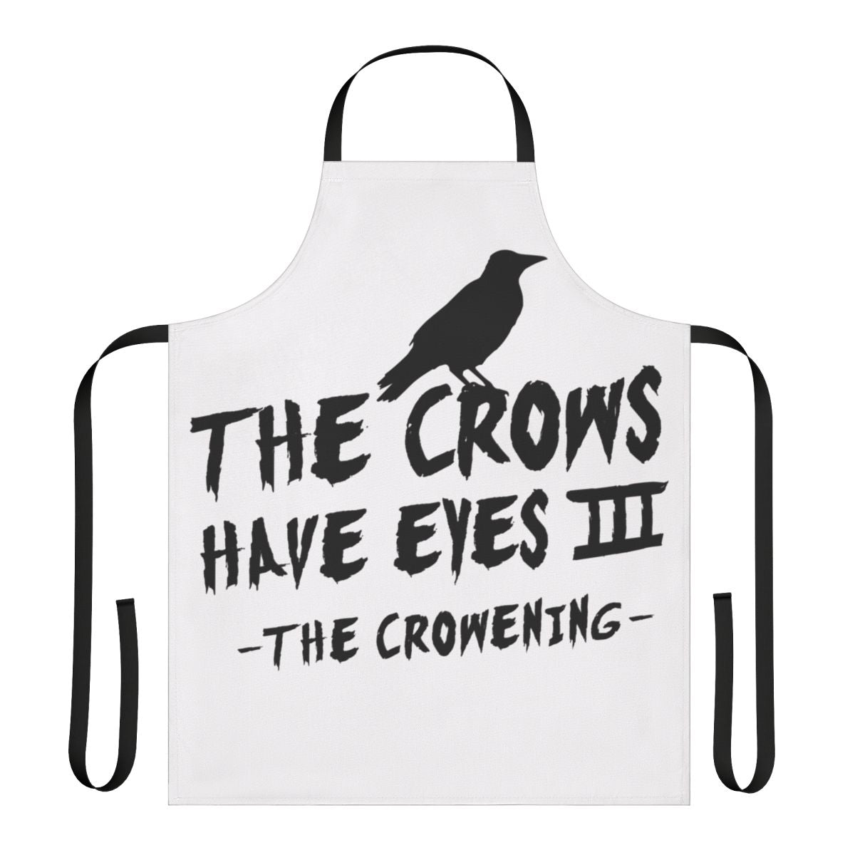 A black and white minimalist apron with a crow-themed design, inspired by the television show Schitt's Creek.