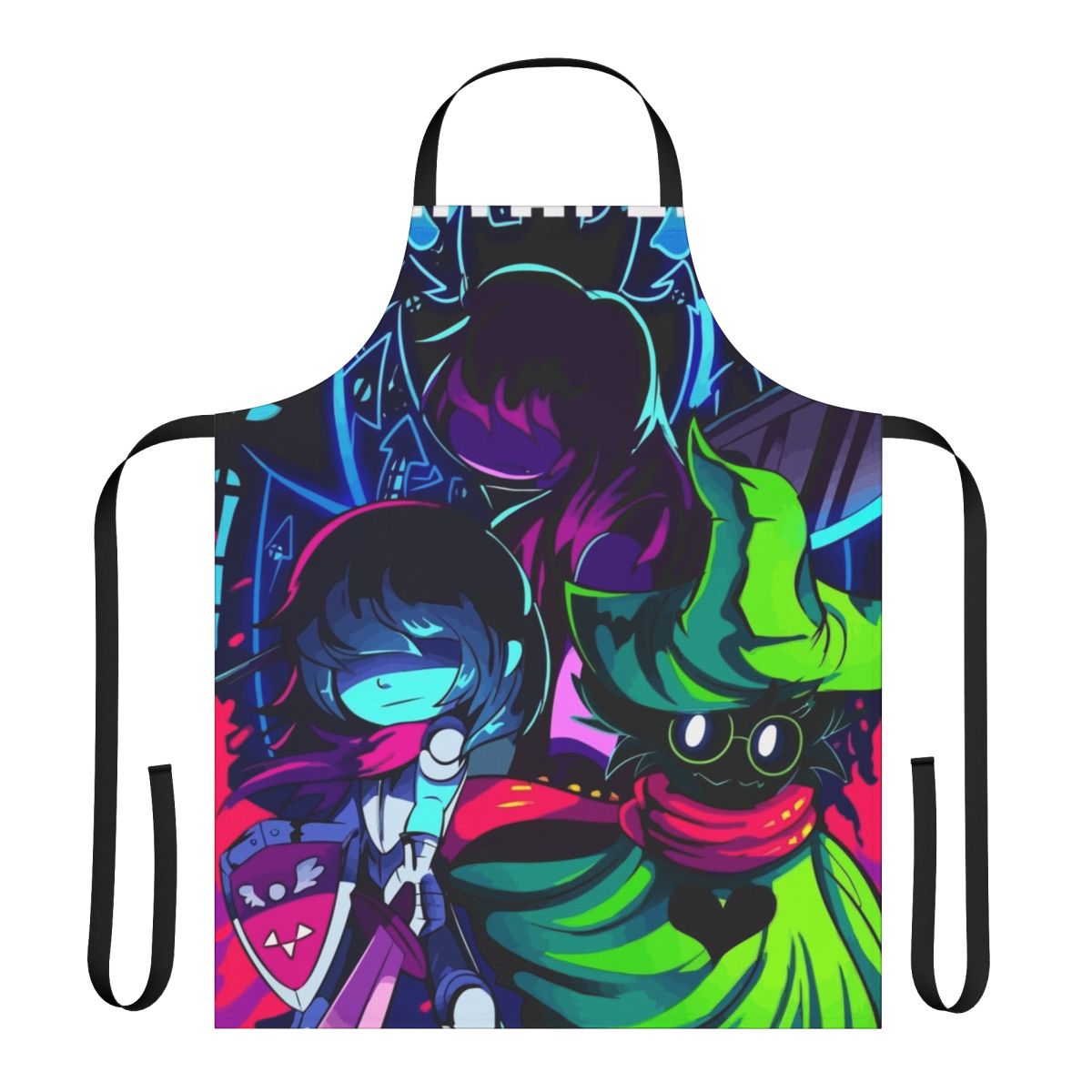 Deltarune characters Kris, Susie, and Ralsei depicted in a minimalist, vector-style design on a high-quality apron.