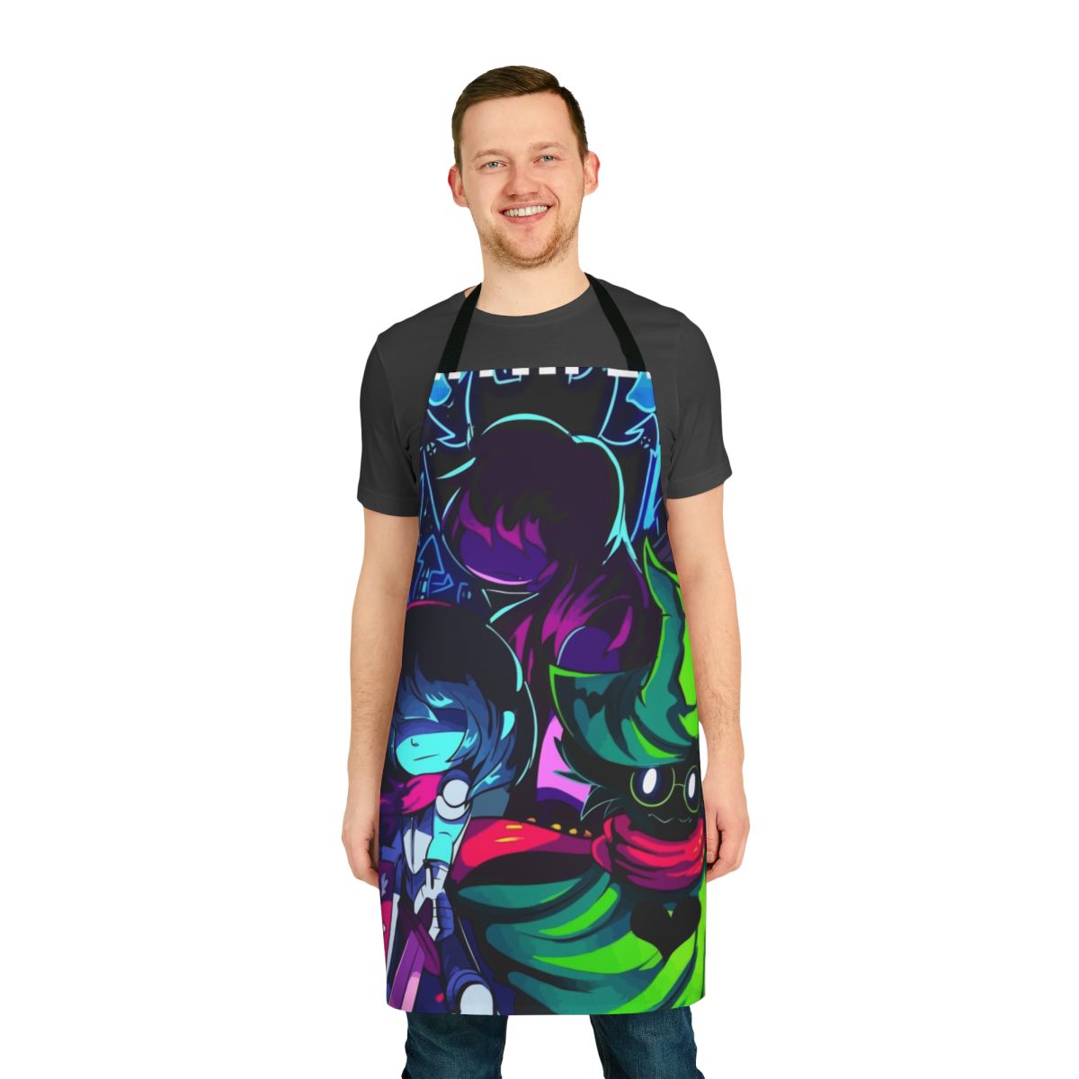 Deltarune characters Kris, Susie, and Ralsei depicted in a minimalist, vector-style design on a high-quality apron.