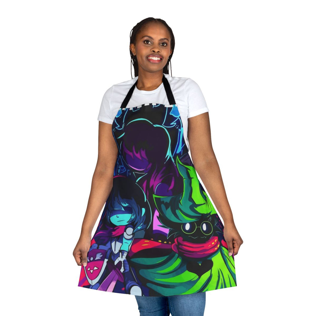 Deltarune characters Kris, Susie, and Ralsei depicted in a minimalist, vector-style design on a high-quality apron.