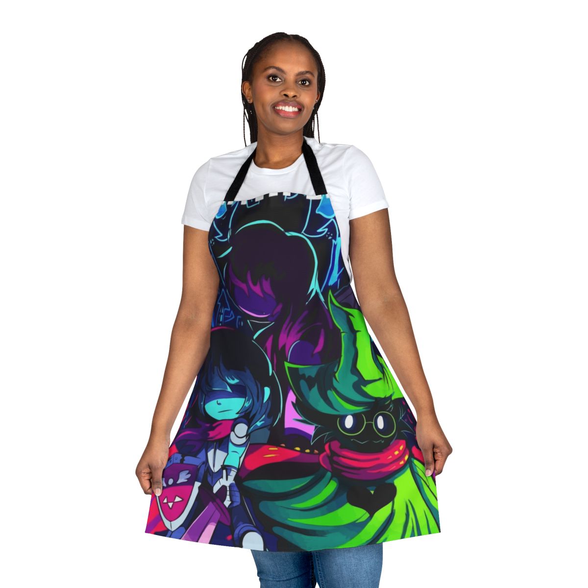 Deltarune characters Kris, Susie, and Ralsei depicted in a minimalist, vector-style design on a high-quality apron.