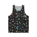 Minimalist dinosaur fossil graphic on a dark unisex tank top