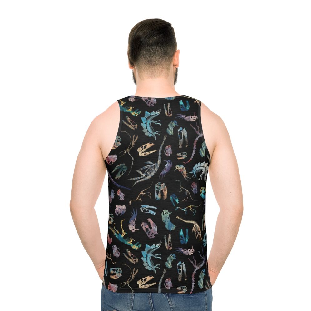 Minimalist dinosaur fossil graphic on a dark unisex tank top