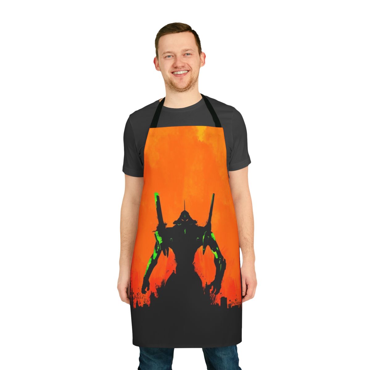 Minimalist silhouette design Evangelion-inspired apron, featuring characters and elements from the anime series