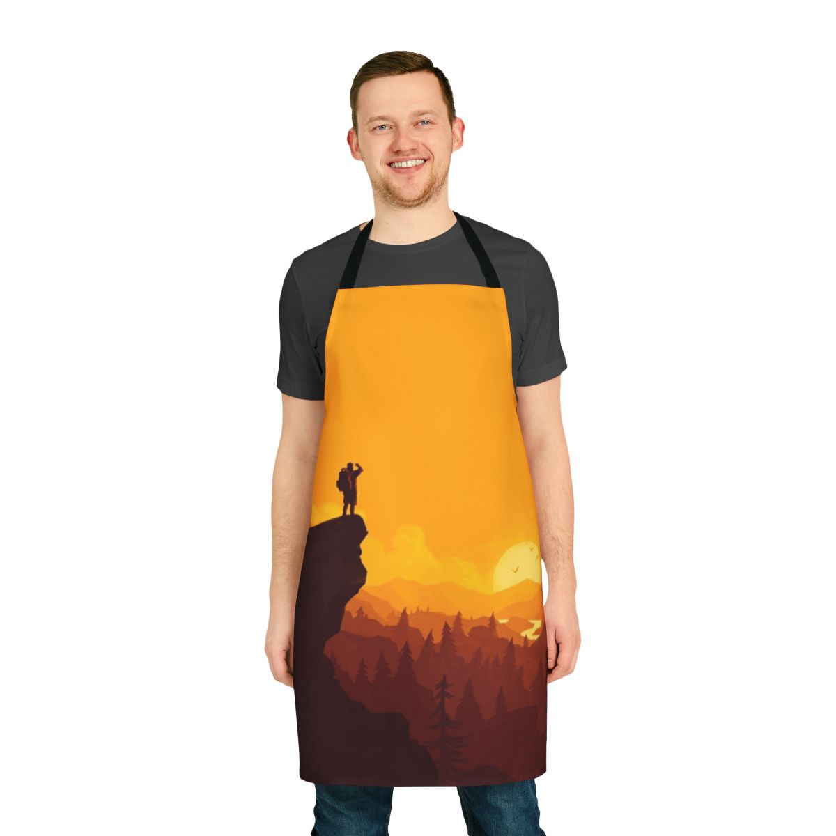 Minimalist apron with a stunning 4K graphic design of a Firewatch-inspired mountain landscape.