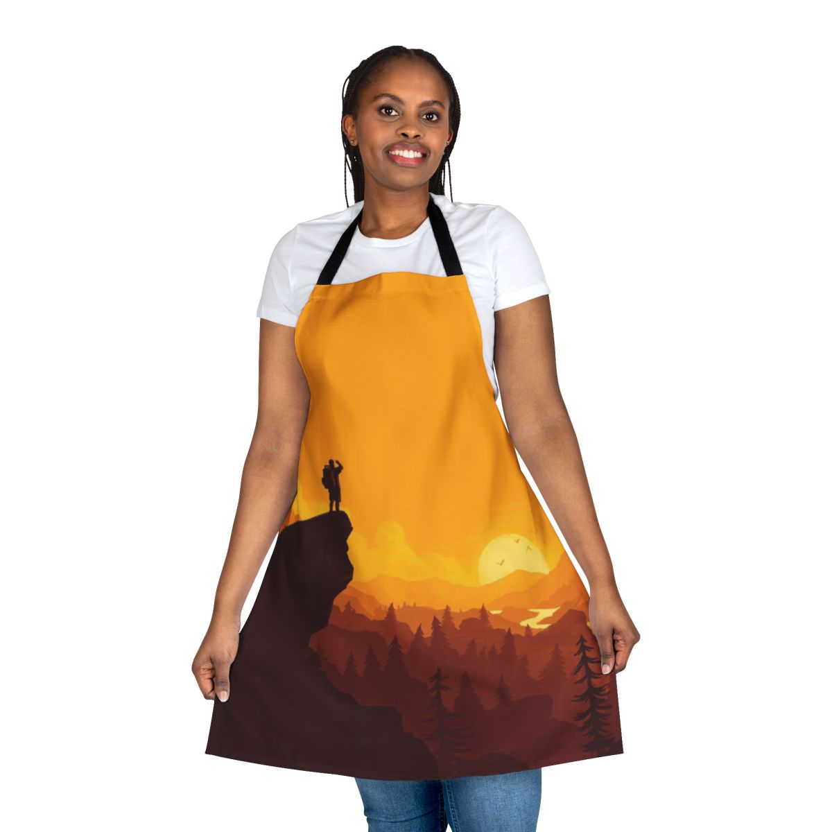 Minimalist apron with a stunning 4K graphic design of a Firewatch-inspired mountain landscape.