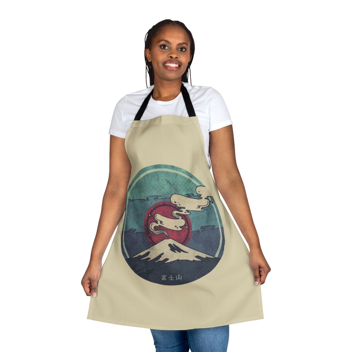 Apron featuring a minimalist design with a stylized Mount Fuji mountain against a sunrise or sunset backdrop.