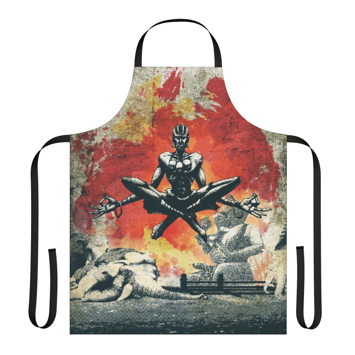 A minimalist and grunge-style apron featuring a graphic design inspired by the character Dhalsim from the Street Fighter video game series.