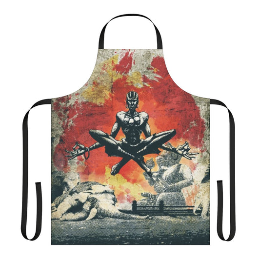 A minimalist and grunge-style apron featuring a graphic design inspired by the character Dhalsim from the Street Fighter video game series.