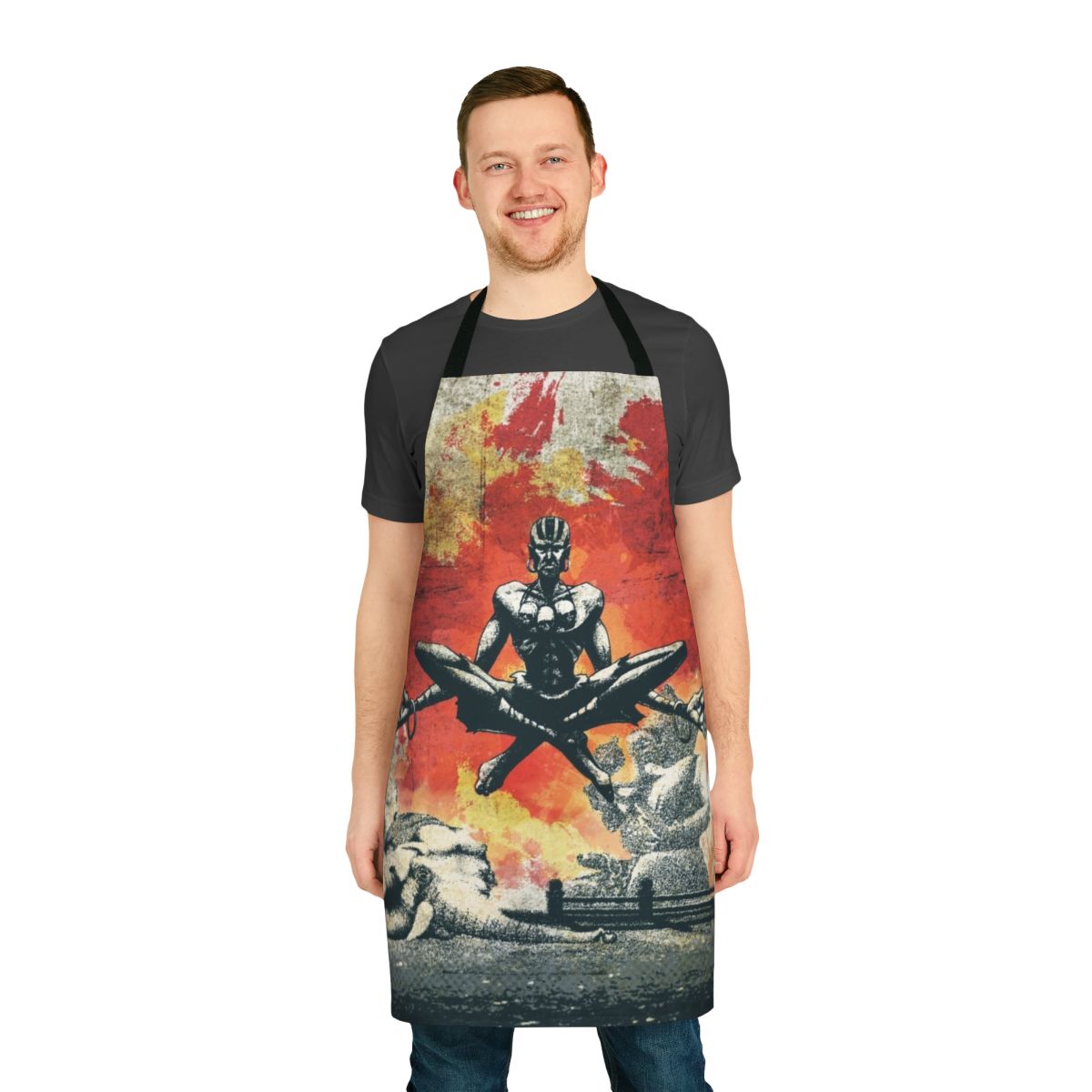 A minimalist and grunge-style apron featuring a graphic design inspired by the character Dhalsim from the Street Fighter video game series.