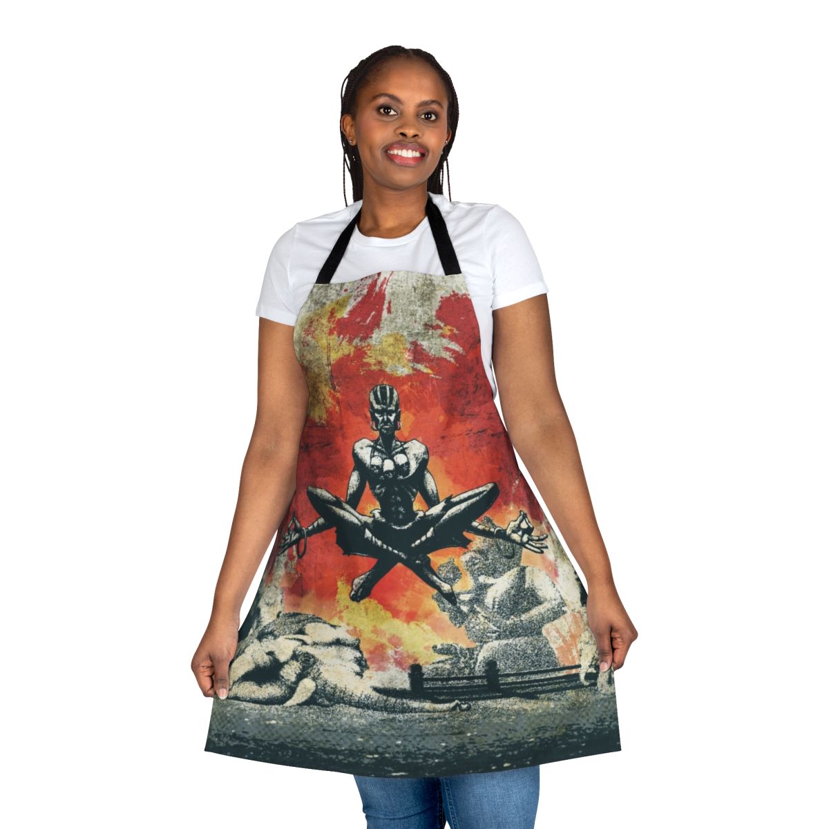 A minimalist and grunge-style apron featuring a graphic design inspired by the character Dhalsim from the Street Fighter video game series.