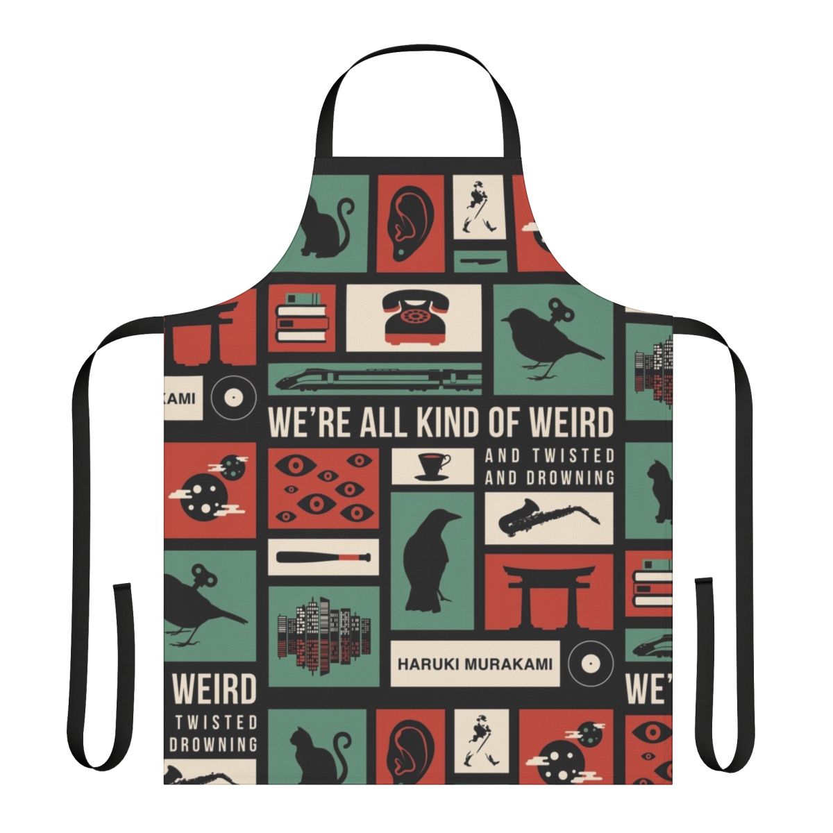 Minimalist apron featuring the name and silhouette of Japanese author Haruki Murakami