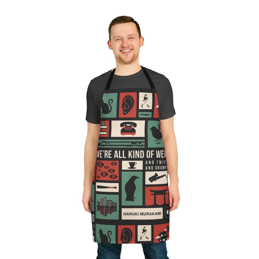 Minimalist apron featuring the name and silhouette of Japanese author Haruki Murakami