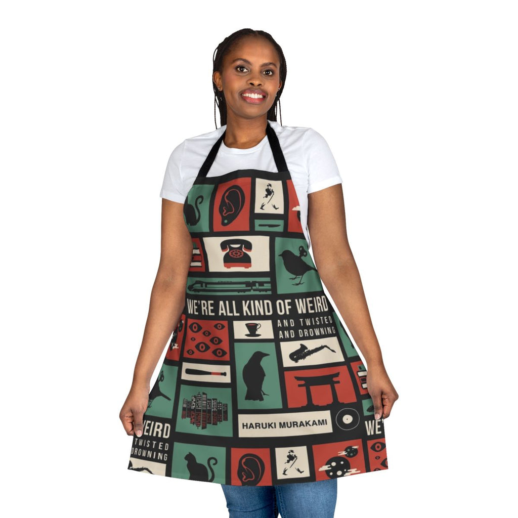 Minimalist apron featuring the name and silhouette of Japanese author Haruki Murakami